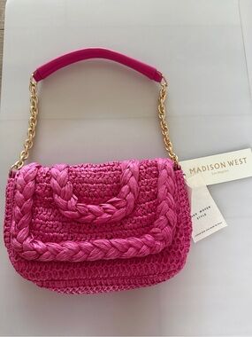 Madison West Handwoven Raffia Shoulder Bag Hot Pink NWT Gold Chain Purse